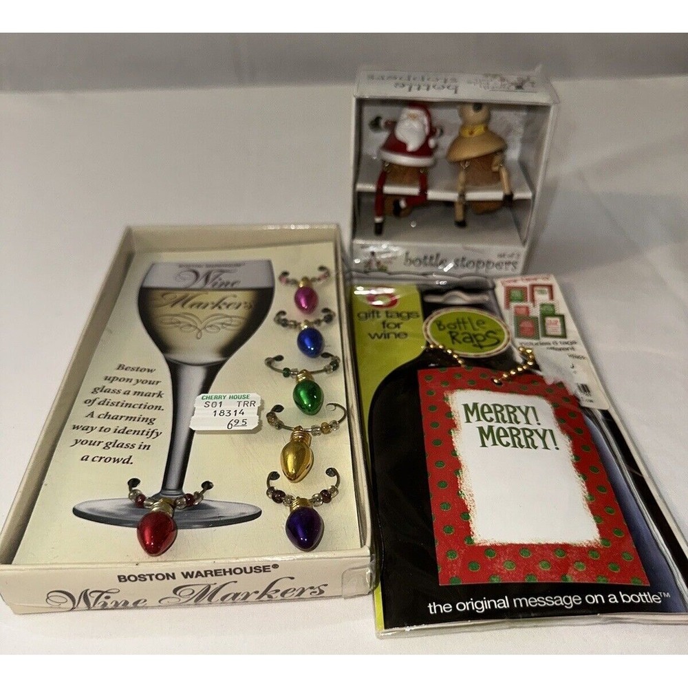 New Boston Warehouse Lot Bottle Stoppers Gift tags Wine Markers Christmas
